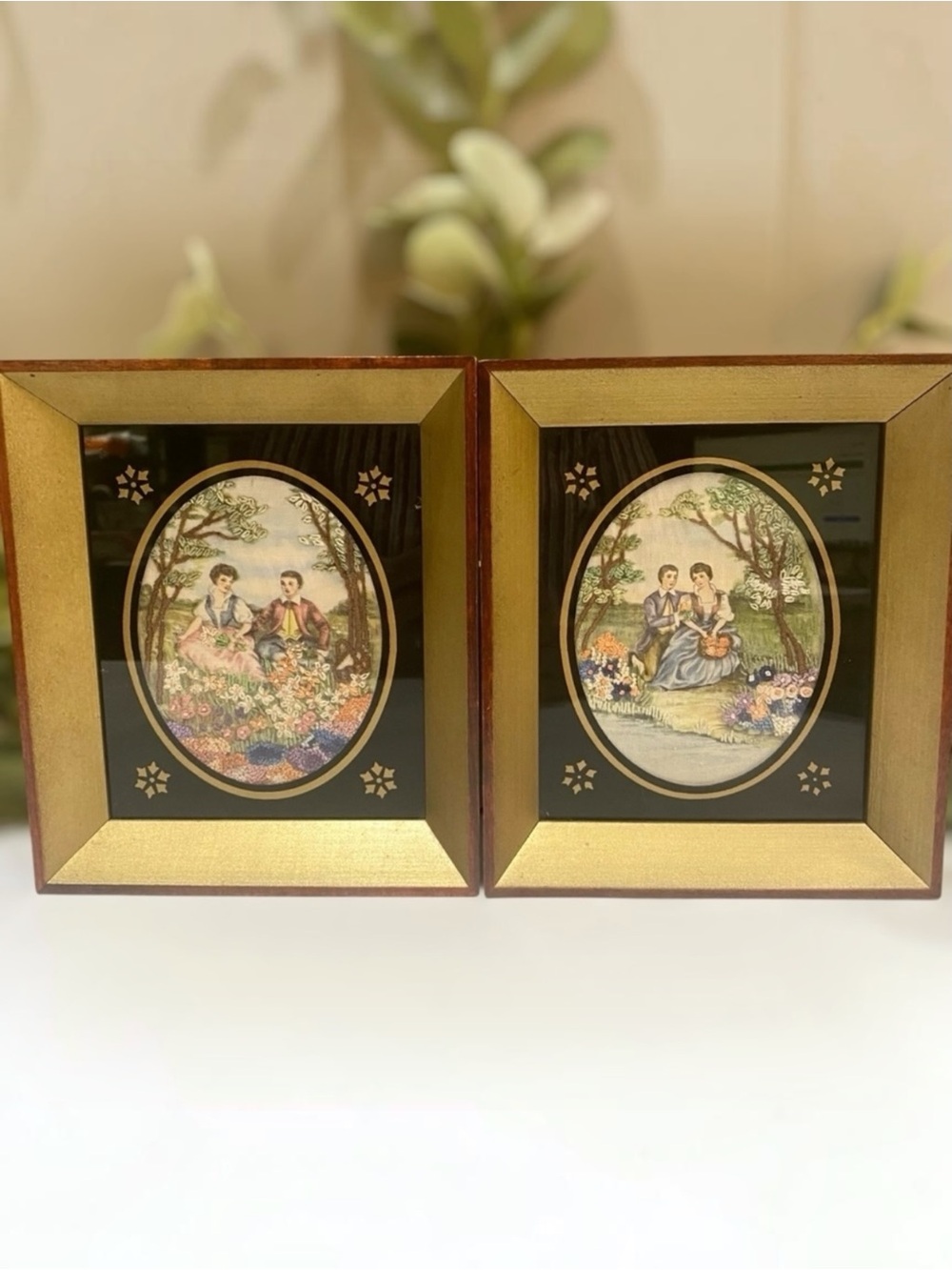 Antique Embroidered Silk c1930s Framed Set 2 Wall Hanging Pictures Needlepoint